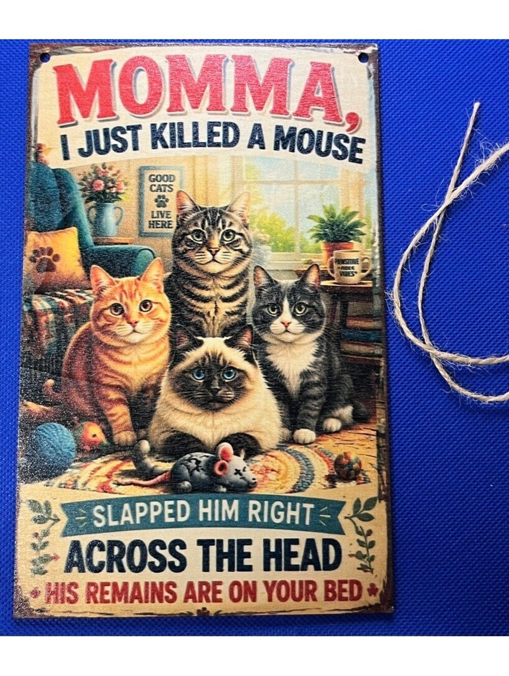 Funny Cat Wood Sign - Momma Killed a Mouse Wall Decor